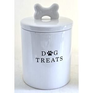 Dog Treat Canister-Barnyard Designs-White-Ceramic Bone Handle-Rubber Seal-Pets